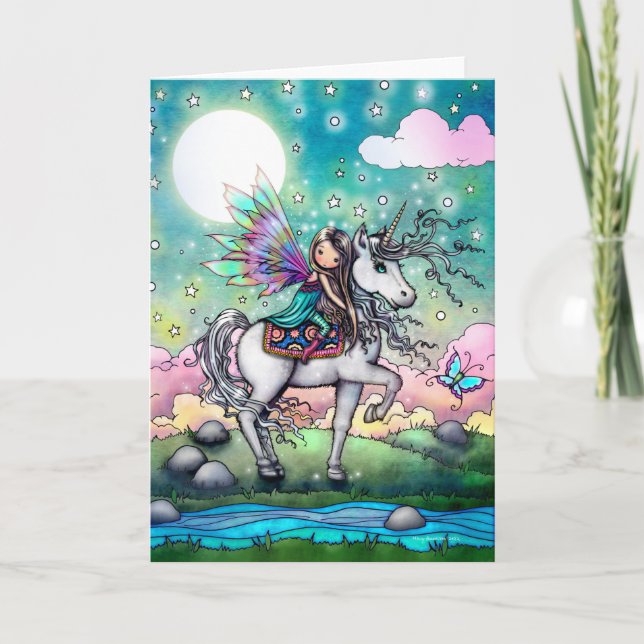 Cartão Sweet Fairy and Unicorn Fantasy Art (Frente)