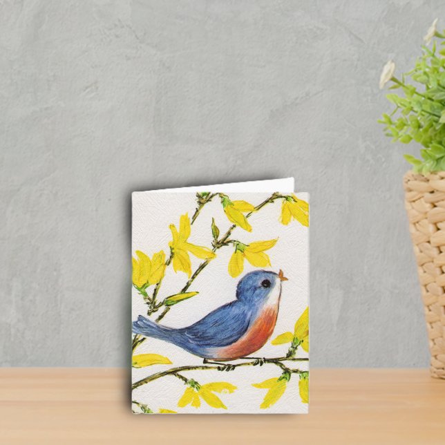 Cartão Sweet Little Bird Notecard (Little red and blue singing bird on branch yellow flowers on faux textured white notecards.)
