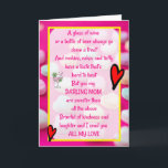 Cartão Sweet Lovely Poem Mother Sentimental Birthday<br><div class="desc">Beautiful birthday card for a Mom with a sweet and lovely verse full of love and sentiment. Poem courtesy and copyright of Sue Lawson. Card features pink candies and red hearts.  Send this card to your mother on her birthday to show your love.  Thank you for viewing my designs.</div>