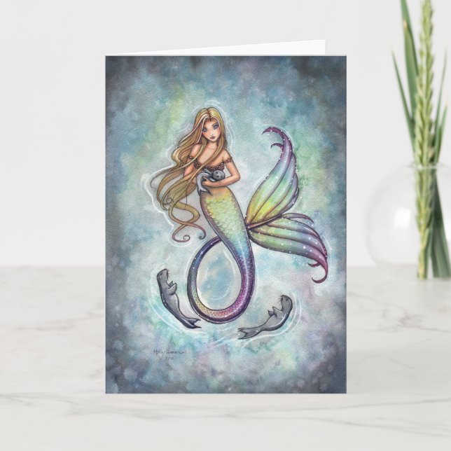 Cartão Sweet Mermaid and Baby Seals Greeting Card (Frente)