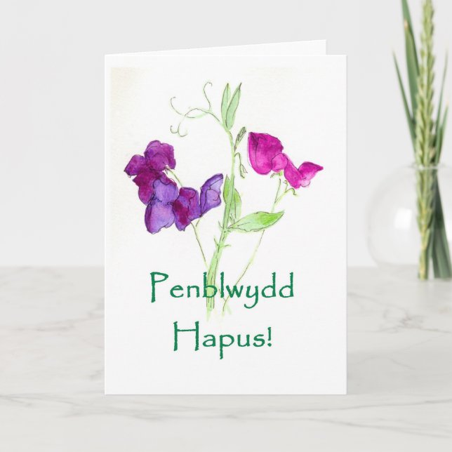 Cartão Sweet Peas Birthday Card - Welsh Greeting (Frente)