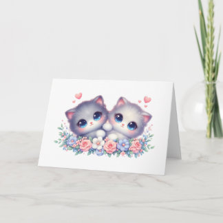 Cartão Sweet Snuggly Kitten Duo Floral Blank Greeting
