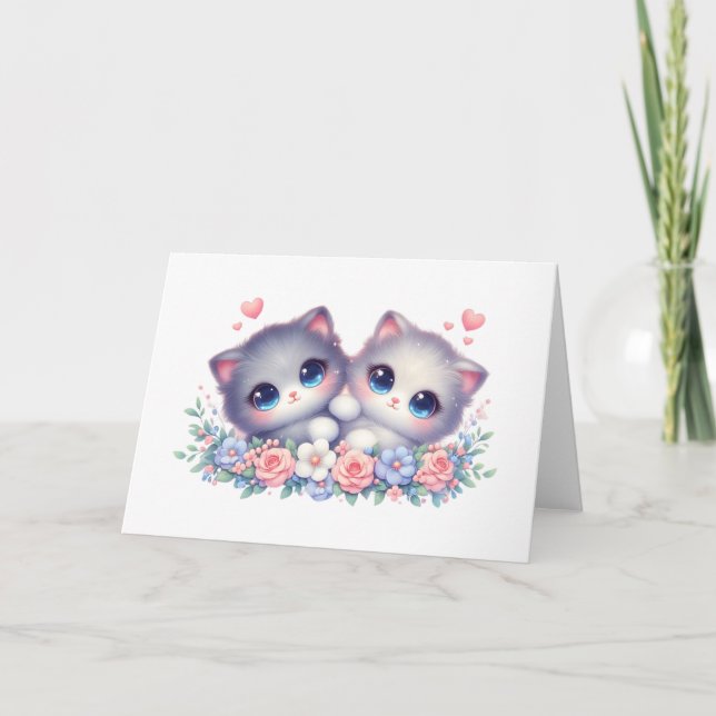Cartão Sweet Snuggly Kitten Duo Floral Blank Greeting  (Frente)