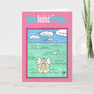 Cartão SWIMMER WITH SHARKS Belated Birthday Card