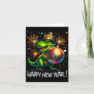 Cartão T Rex Happy New Year 2026 Disco Ball Fireworks Tee