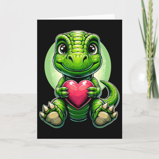 Cartão T-rex Holding Heart Valentine's Day Cute Dinosaur  (Frente)