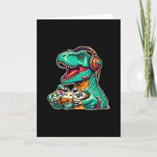 Cartão T-rex Jogando Com Headset Dinossauro Engraçado Grá