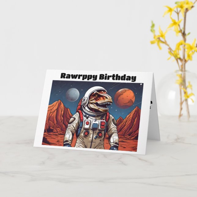 Cartão T-Rex no traje espacial em marte (Flor Amarela)