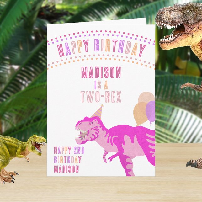 Cartão T-Rex Rosa Qualquer Idade Dinossauro Feliz Anivers (This cute pink dinosaur Happy Birthday greeting card is easy to personalize)