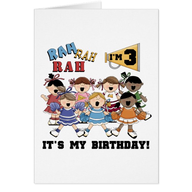 Cartão T-shirts e cheerleader de aniversário de 3 anos (Frente)