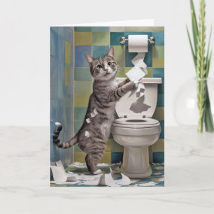 Cartão Tabby Cat Shreding Toilet Paper Aniversário
