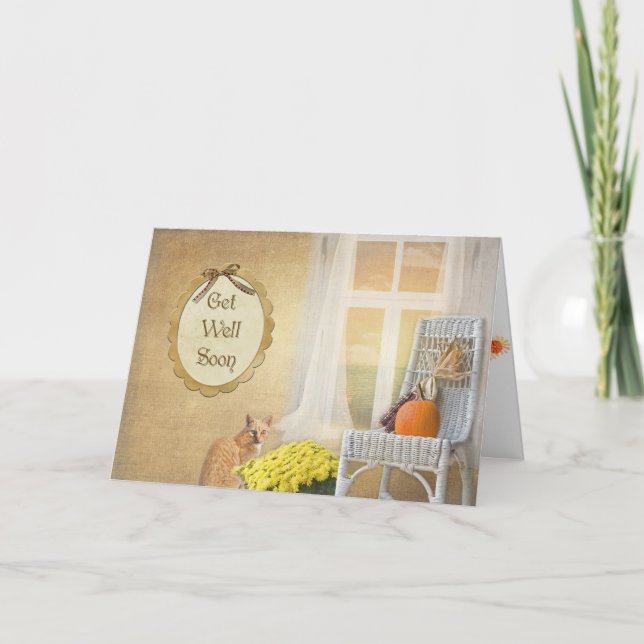 Cartão tabby cat with autumn pumpkins get well soon (Frente)