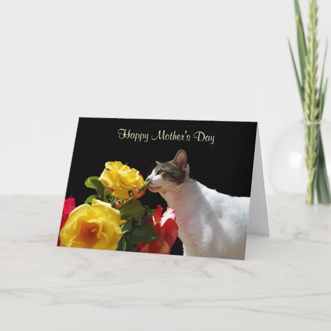 Cartão Tabby Cat with Roses Mother's Day (Frente)