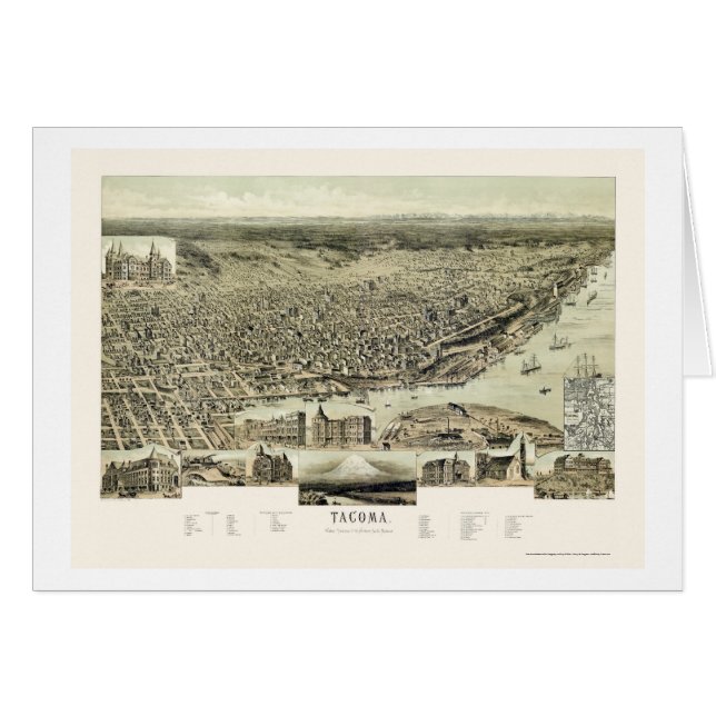 Cartão Tacoma, mapa panorâmico de WA - 1890 (Frente Horizontal)