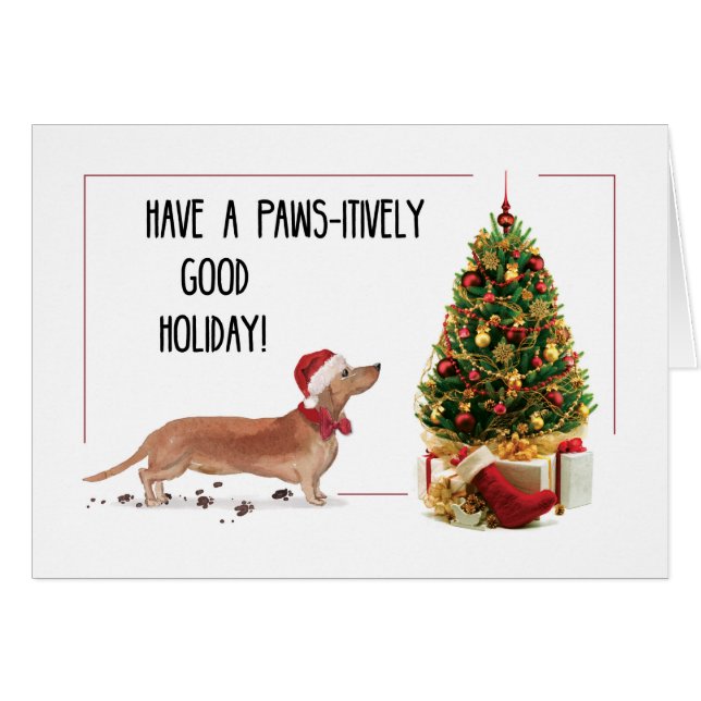 Cartão Tan Dachshund Engraçado Cachorro de Natal com Árvo (Frente Horizontal)