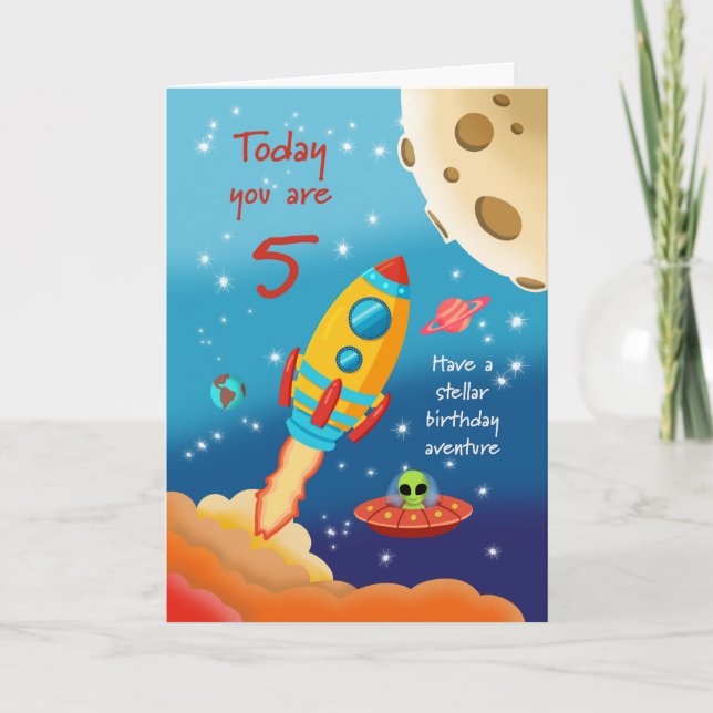 Cartão Tarjeta 5th Birthday Stellar Adventure Space Rocke (Frente)