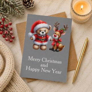 Cartão Tarjeta de Navidad con imagen de osito y reno.