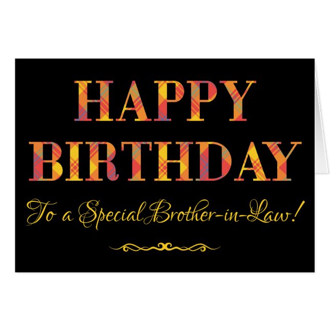 Cartão Tartan amarelo no aniversário preto para o cunhado (Frente Horizontal)