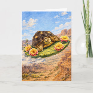 Cartão Tartaruga aquarela voando em uma almofada de cacto