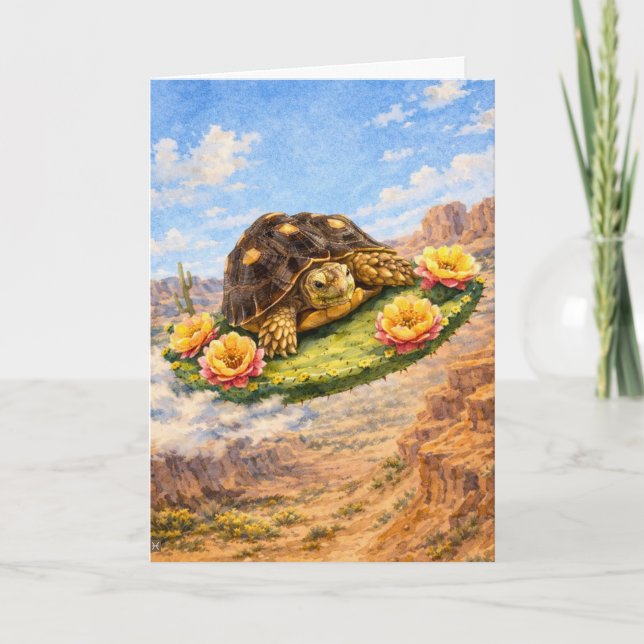 Cartão Tartaruga aquarela voando em uma almofada de cacto (Frente)