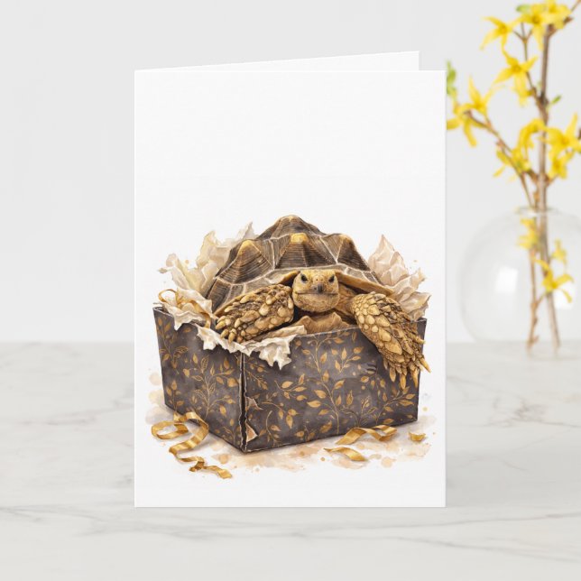 Cartão Tartaruga de presente de aniversário dourado e mar (Flor Amarela)