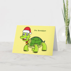 Cartão Tartaruga fofa e feliz usando chapéu de Papai Noel
