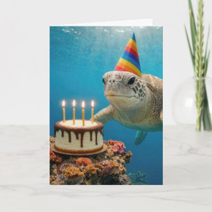 Cartão Tartaruga Marinha com Bolo de Aniversário