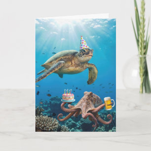 Cartão Tartaruga Marinha de Aniversário e Festa Oceânica 