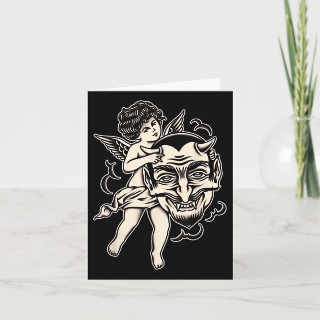 Cartão Tatuagem Tradicional De Cherub E Satã (Frente)