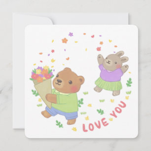 Cartão Te Amo: Urso de Teddy & Coelhinho com Flores