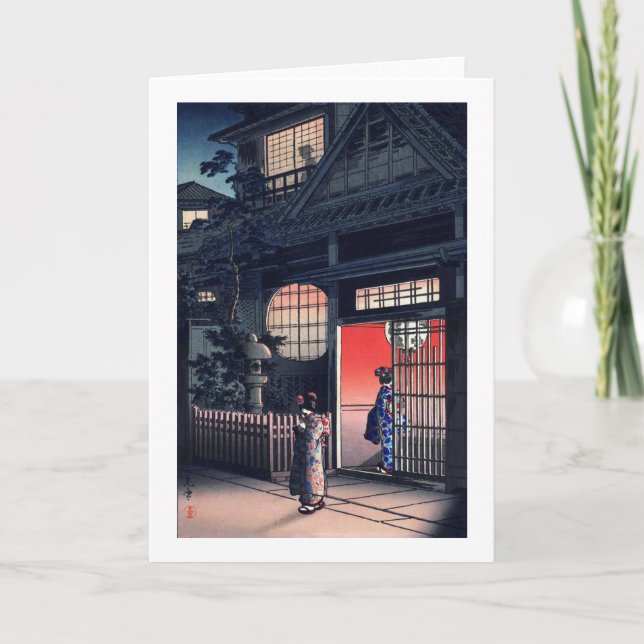 Cartão Teahouse à noite, Tsuchiya Koitsu, Woodcut (Frente)