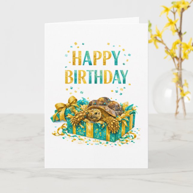 Cartão Teal and Gold Happy birthday Sulcata tortoise gift (Flor Amarela)
