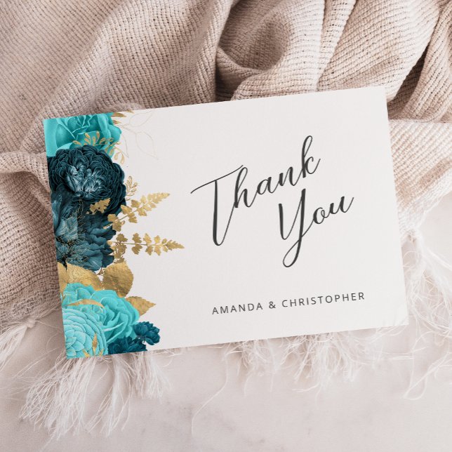 Cartão Teal Aqua Gold Floral Wedding Flat Thank You (Criador carregado)