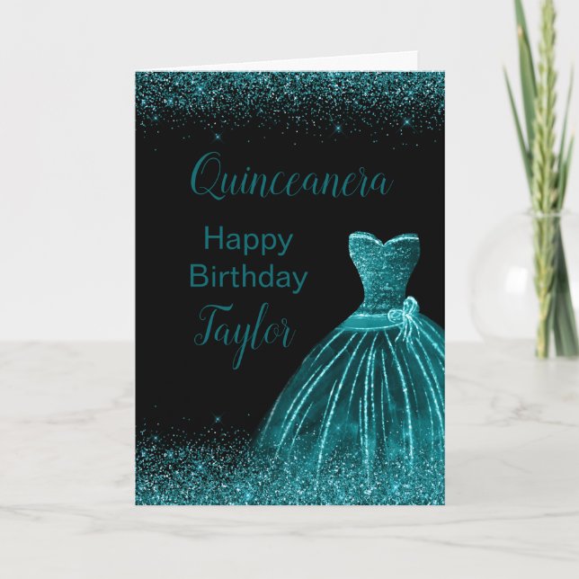 Cartão Teal Blue Dress Faux Glitter Quinceanera (Frente)