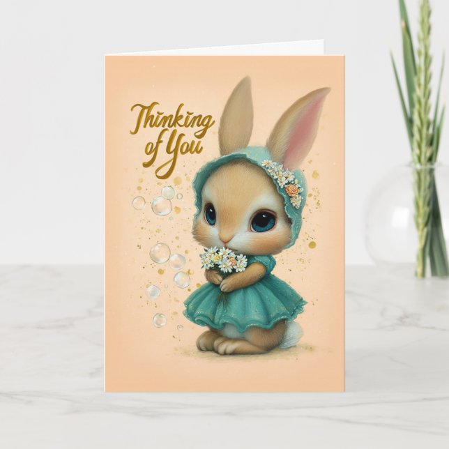 Cartão Teal Bonnet Baby Bunny Thinking of You Card (Frente)