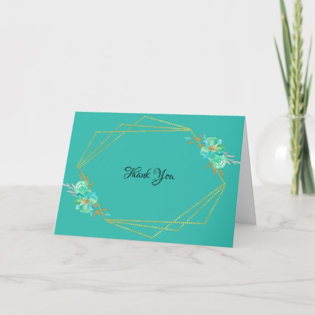Cartão Teal Dourado Aquarela Floral Teal Geométrico (Frente)