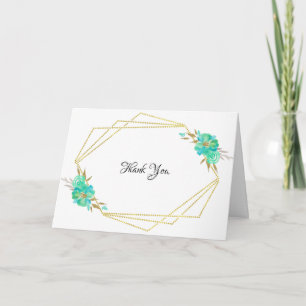 Cartão Teal Dourado Watercolor Floral Geométrico Obrigad