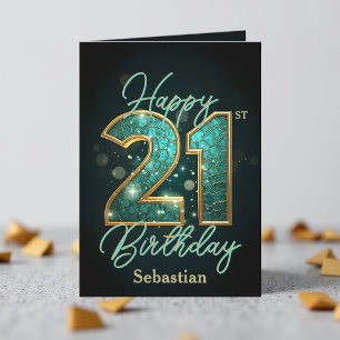 Cartão Teal Elegante Shimmering e aniversário de 21 anos 