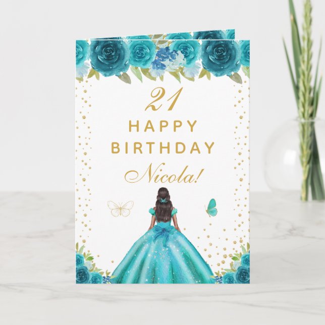Cartão Teal Floral Dark Skin Girl Birthday (Frente)