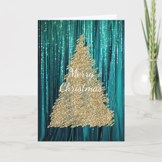 Cartão Teal Green Tinsel Dourada, Árvore de Natal Glitter (Frente)