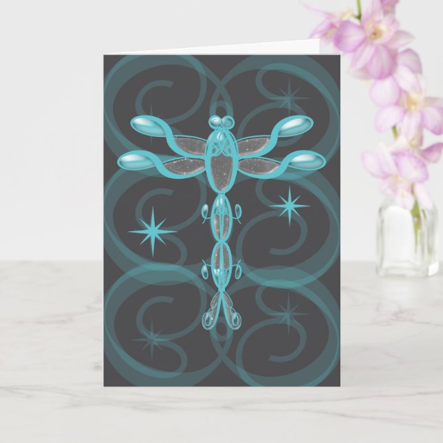Cartão Teal, Grey, Glass Dragonfly with Stars Birthday (Orquídea)
