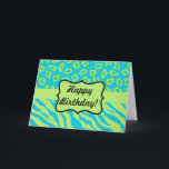 Cartão Teal & Lime Green Zebra & Cheetah Personalized<br><div class="desc">Say Happy Birthday with this card of colorful zebra stripes and cheetah skins. Wild animal skins for graphic design is one of the hottest art and design trends, and is extremely popular from fashion to home decor. This sophisticated teal green and lime green zebra and cheetah print collection is one...</div>