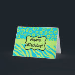 Cartão Teal & Lime Green Zebra & Cheetah Personalized<br><div class="desc">Say Happy Birthday with this card of colorful zebra stripes and cheetah skins. Wild animal skins for graphic design is one of the hottest art and design trends, and is extremely popular from fashion to home decor. This sophisticated teal green and lime green zebra and cheetah print collection is one...</div>