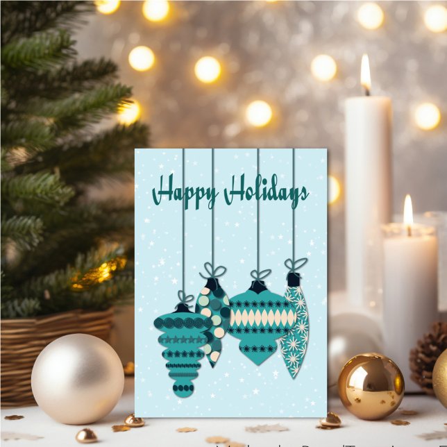 Cartão Teal Ornaments Holiday (Personalize your holiday wishes, by adding a custom message.)
