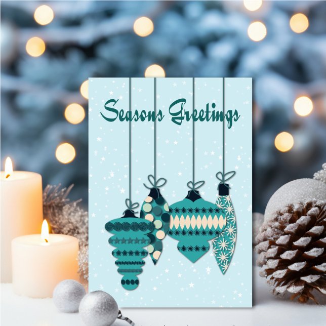 Cartão Teal Ornaments Seasons Greetings (Personalize your holiday wishes, by adding a custom message.)
