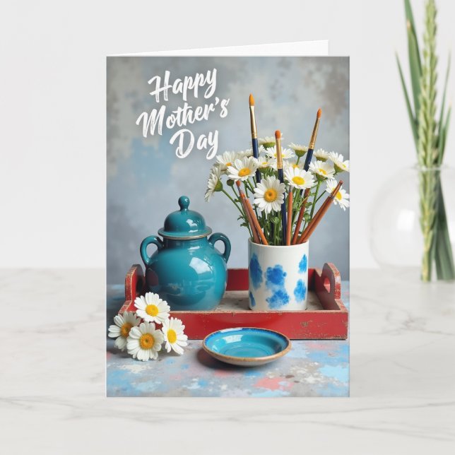 Cartão Teal Pot Daisies Mothers Day Card (Frente)