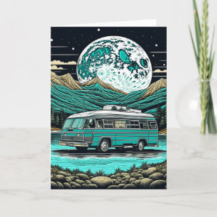 Cartão Teal Vintage RV Camper na Montanha Retro