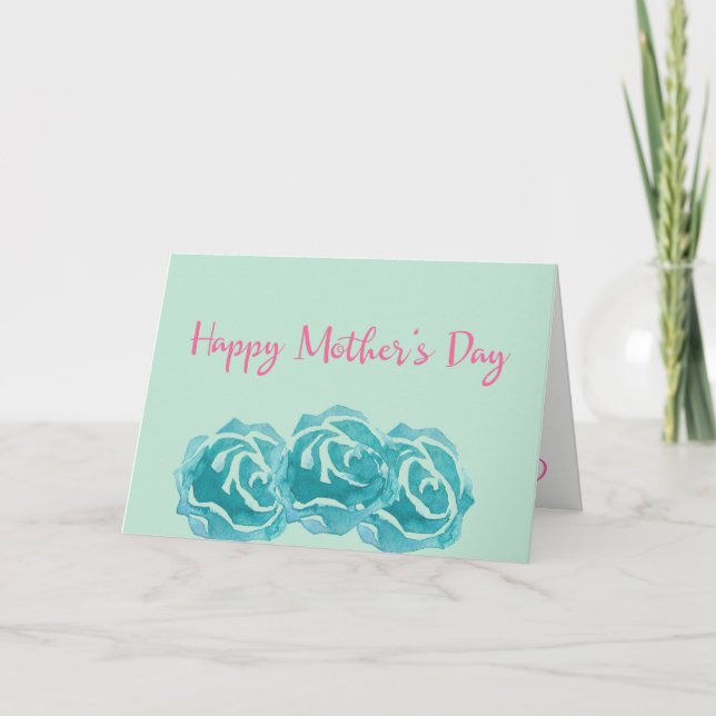 Cartão Teal Watercolor Roses Happy Mother's Day (Frente)