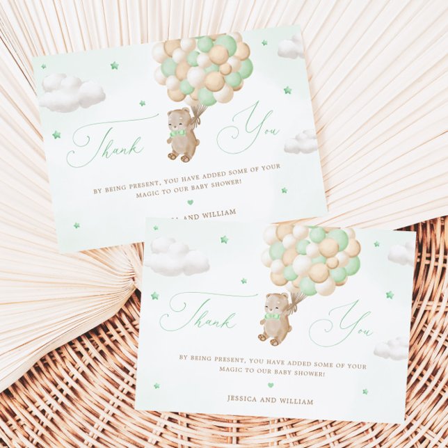 Cartão Teddy Bear com Balões Verdes Obrigado (Criador carregado)