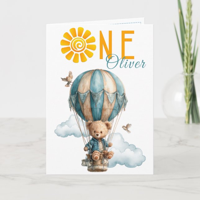 Cartão Teddy Bear Hot Air Balloon 1st Birthday Card (Frente)